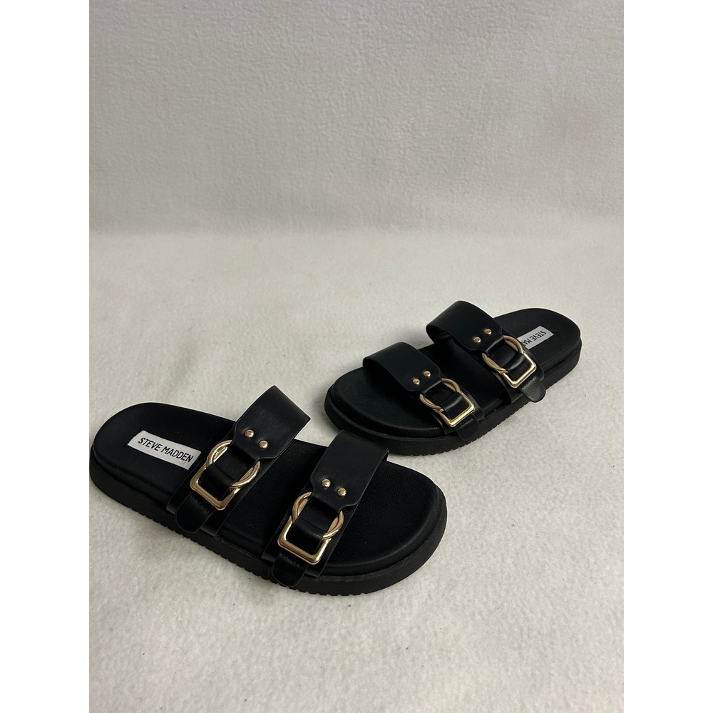 Minimalist Edgy Steve Madden Womens 7.5 Black Hanni Double Buckle Slide Sandals